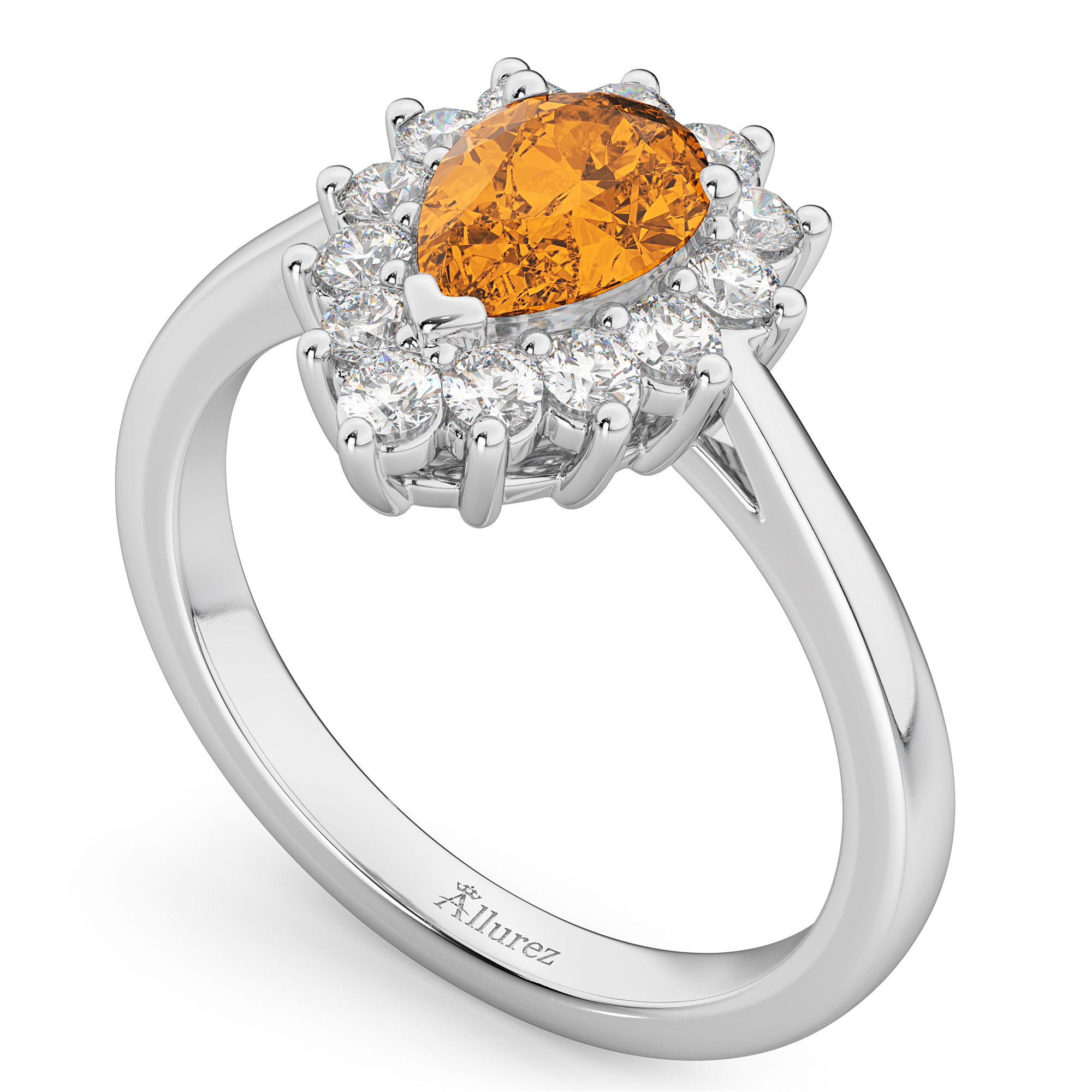 Halo Citrine & Diamond Floral Pear Shaped Fashion Ring 14k White Gold (1.07ct)
