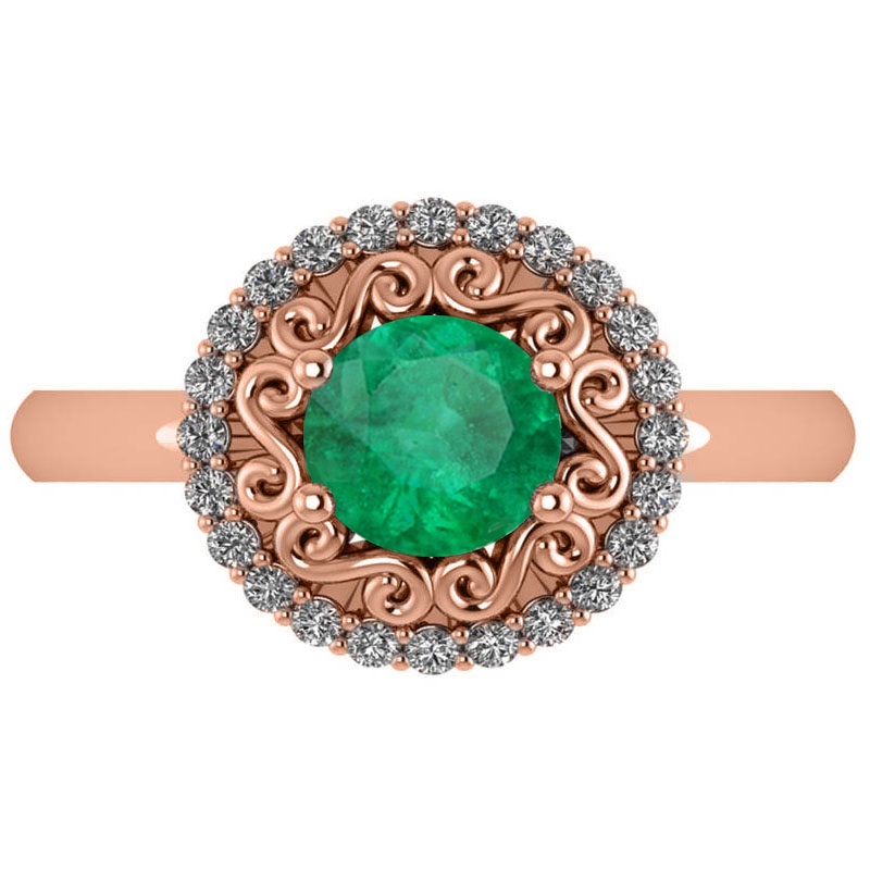 Emerald & Diamond Swirl Halo Engagement Ring 14k Rose Gold (1.24ct)