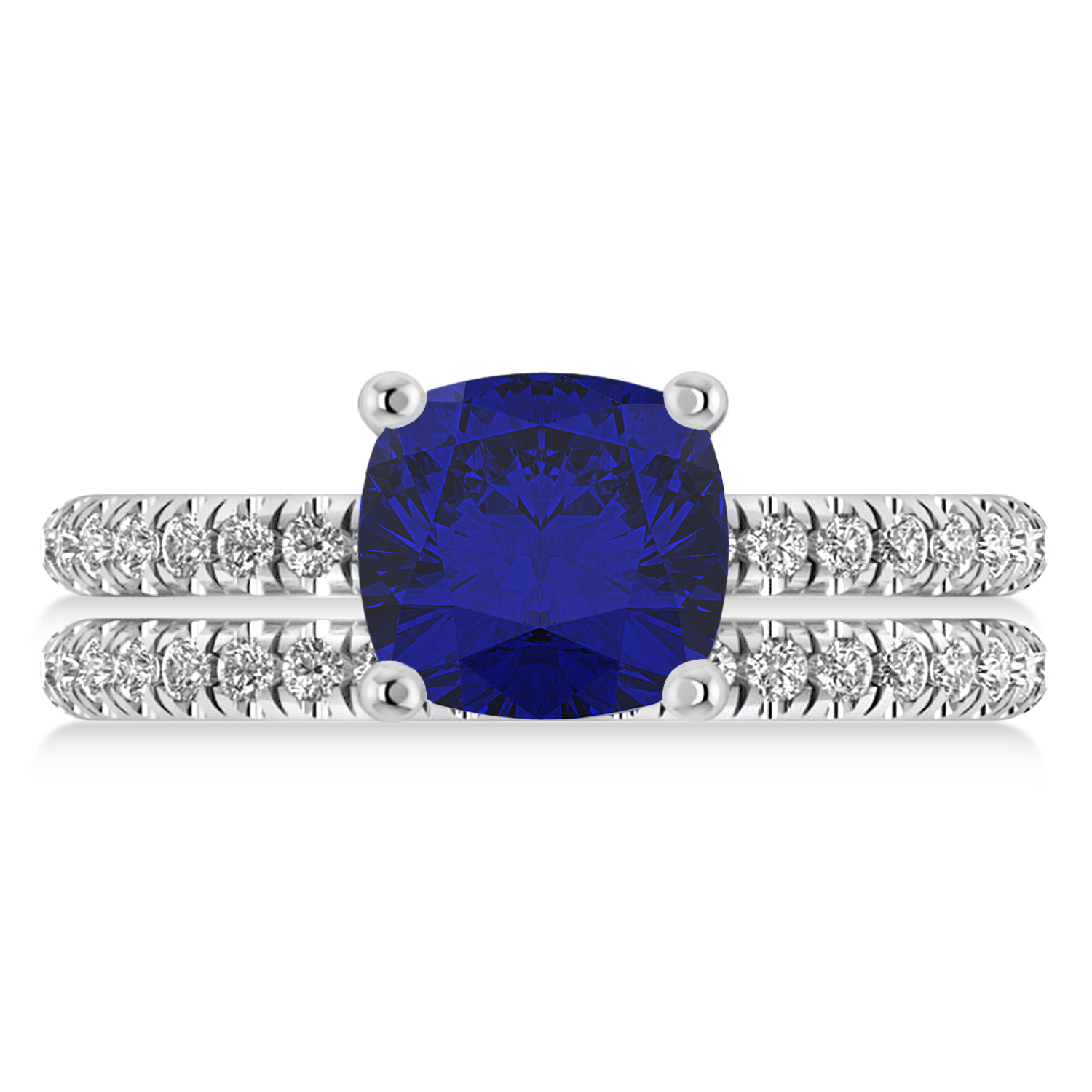 Blue Sapphire & Diamond Cushion-Set Semi-Eternity Bridal Set 14K White Gold (3.22ct)