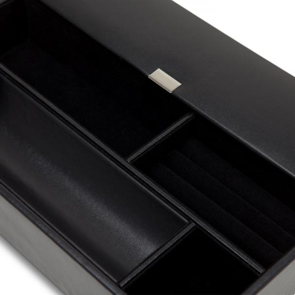 WOLF Heritage Black Faux Leather Valet Tray with 1 Covered and 5 Open Compartments