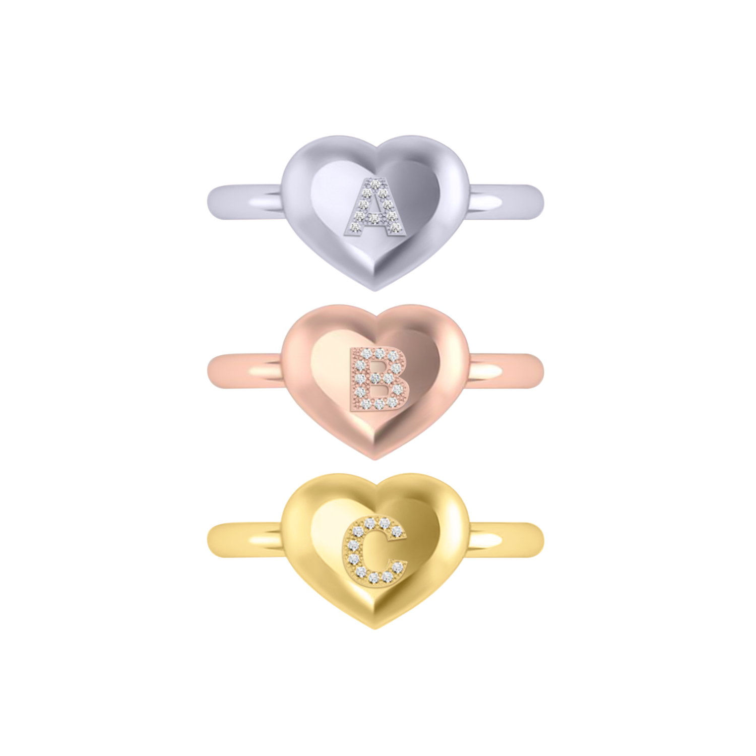 Diamond Personalized Letter Initial Heart Ring 14K White Gold