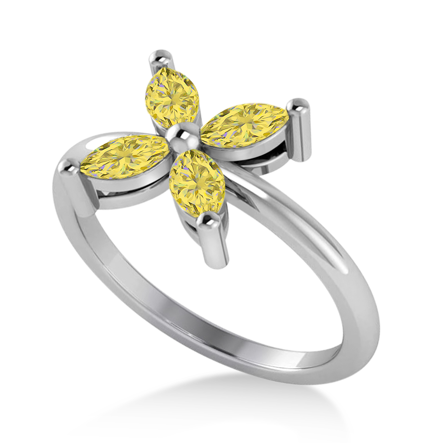 Yellow Diamond Flower Marquise Ring 14k White Gold (0.60 ctw)