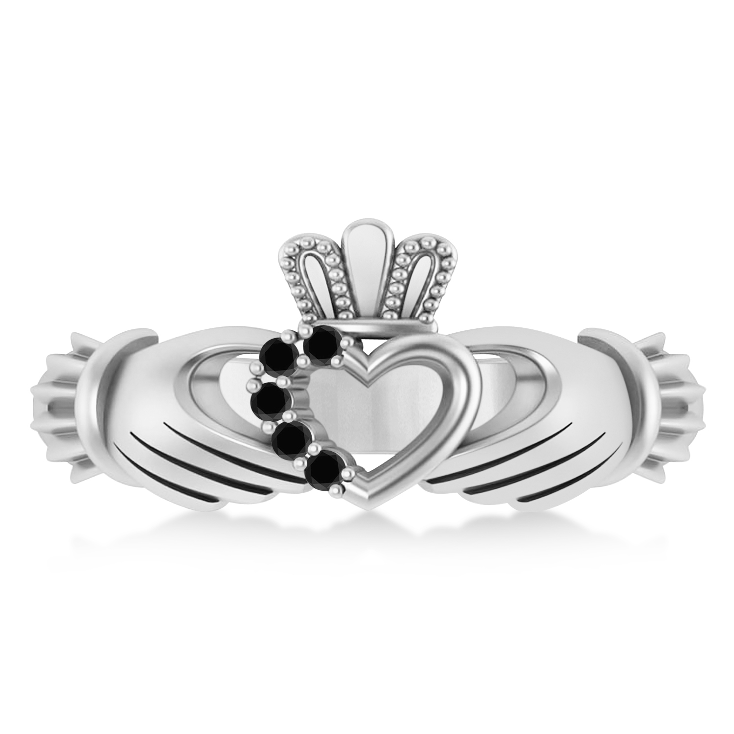 Black Diamond Claddagh Ladies Ring with Hollow Heart 14k White Gold (0.05ct)