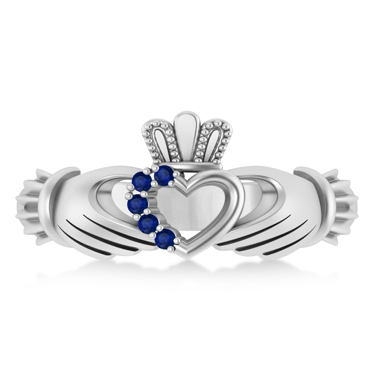 Blue Sapphire Claddagh Ladies Ring with Hollow Heart 14k White Gold (0.05ct)