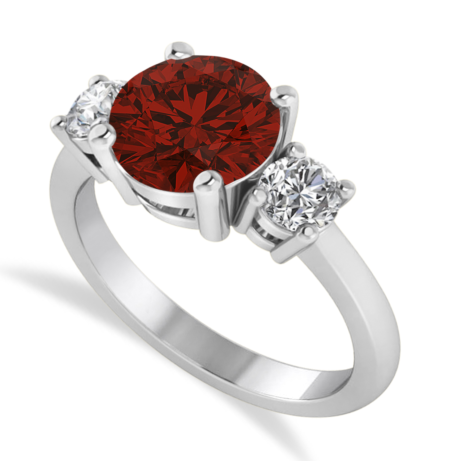 Round 3-Stone Garnet & Diamond Engagement Ring 14k White Gold (2.50ct)