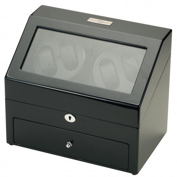 Black Finish Wood Quad Watch Winder & Watch Storage Box