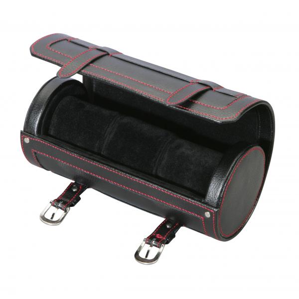 Travel Watch Case Roll Black Leather w/ Red Stitching