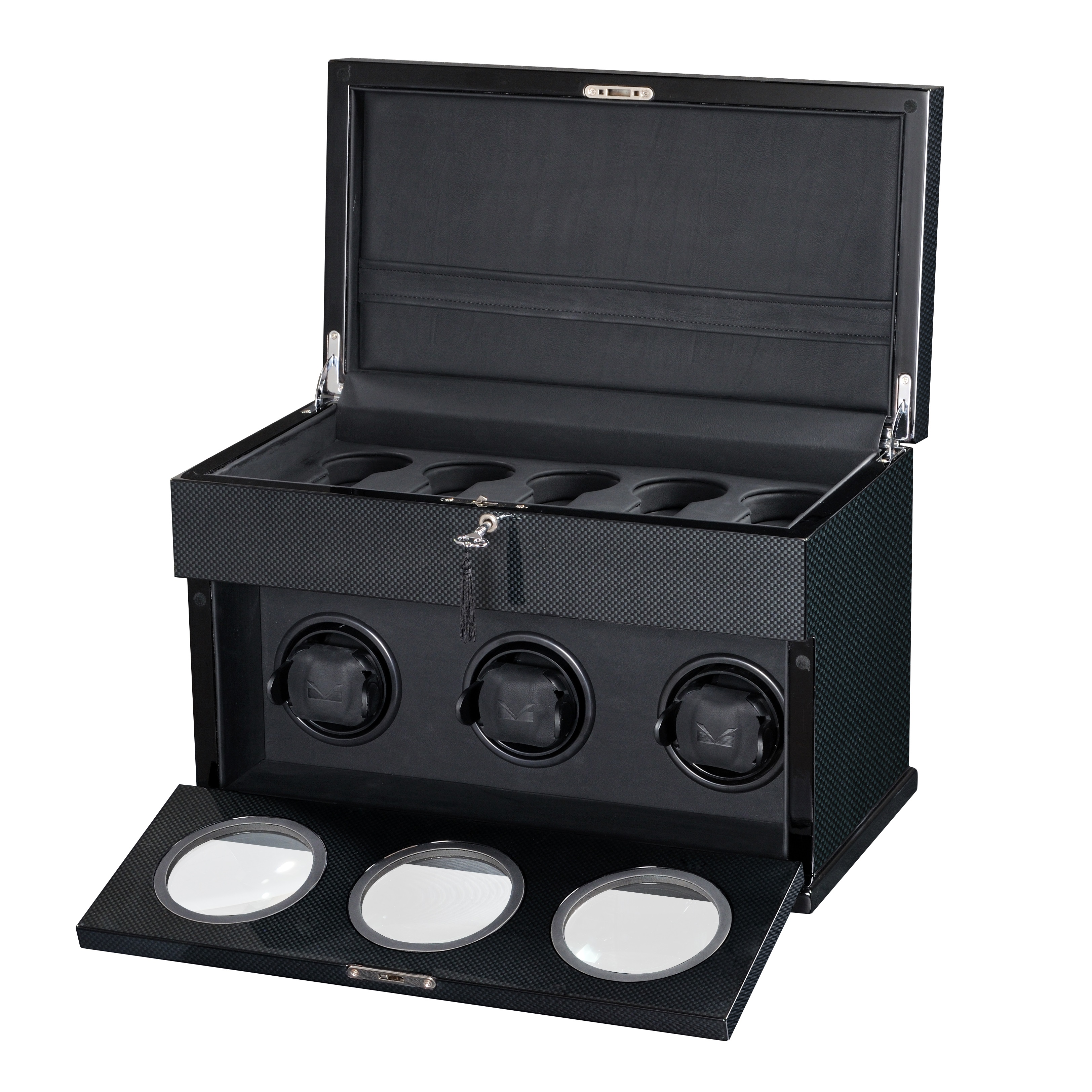 High Gloss Carbon Fiber Triple Watch Winder & Black Leather Interior