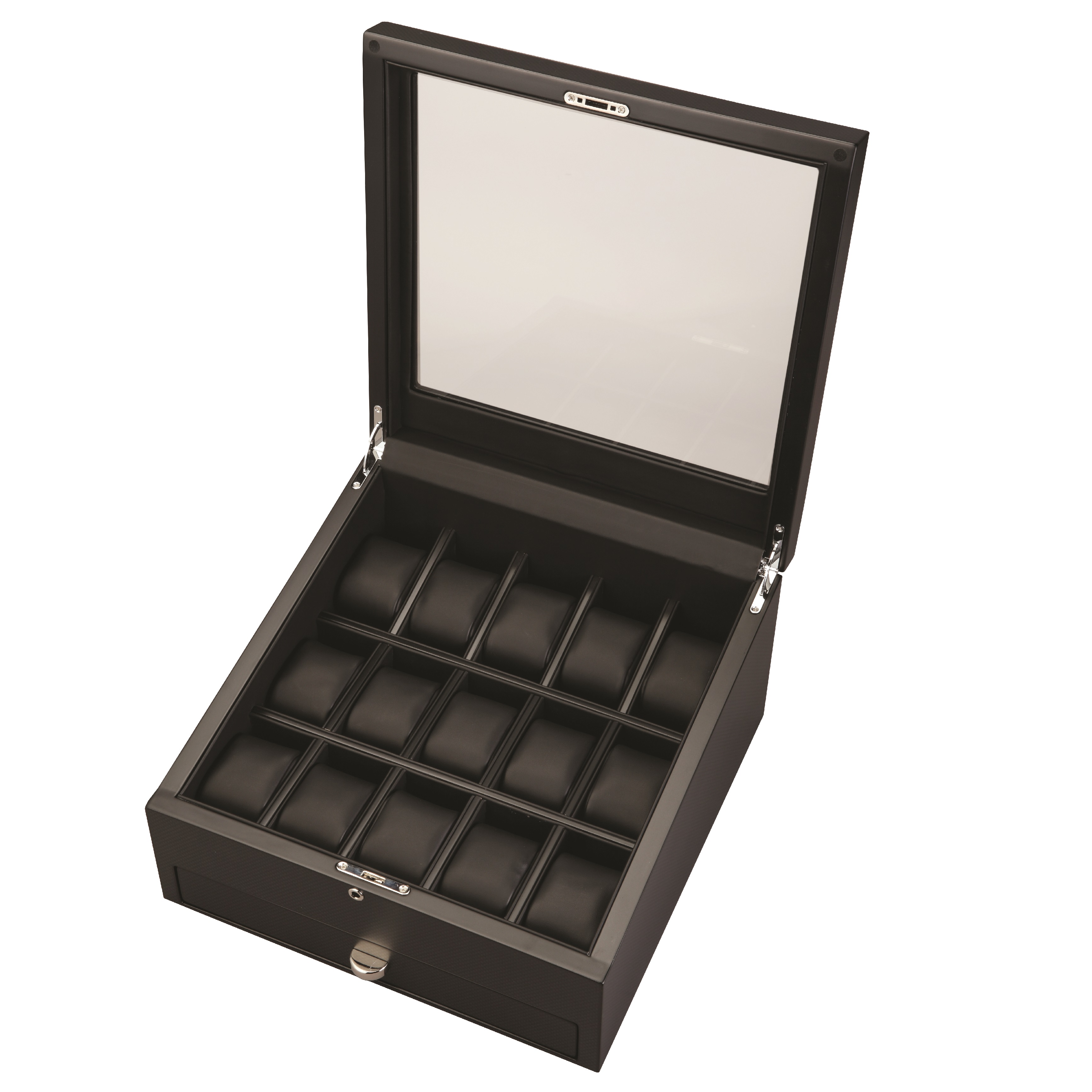 Matte Carbon Fiber Finish Fifteen Watch Case & Black Leather Interior