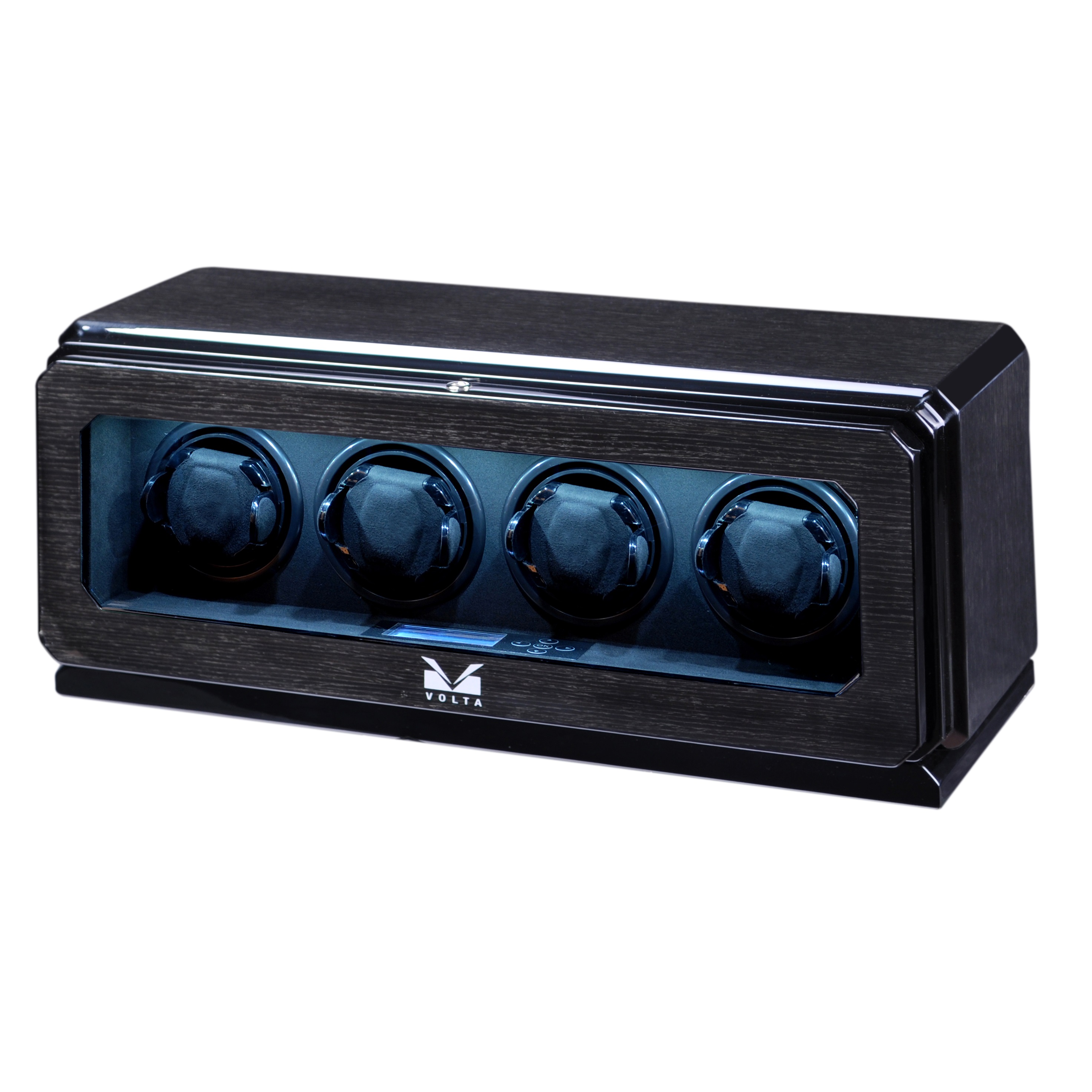 High Gloss Black Oak Four Watch Winder w/ Glass Window & Suede Interior