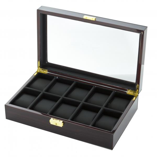 10 Watch Box Case in Ebony Wood w/ Locking Lucite Display Top