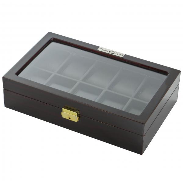 10 Watch Box Case in Ebony Wood w/ Locking Lucite Display Top