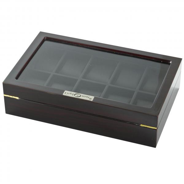 10 Watch Box Case in Ebony Wood w/ Locking Lucite Display Top