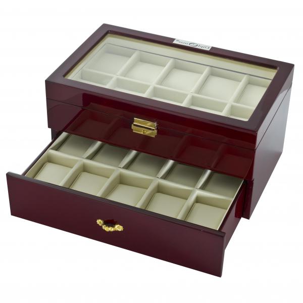 Two Tier 20 Watch Box Case in Cherrywood w/ Locking Lucite Display Top