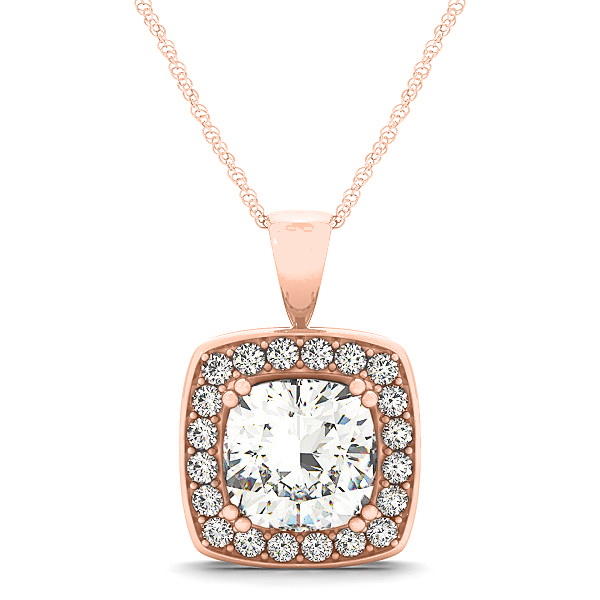 Diamond Halo Cushion Pendant Necklace 14k Rose Gold (1.48ct)