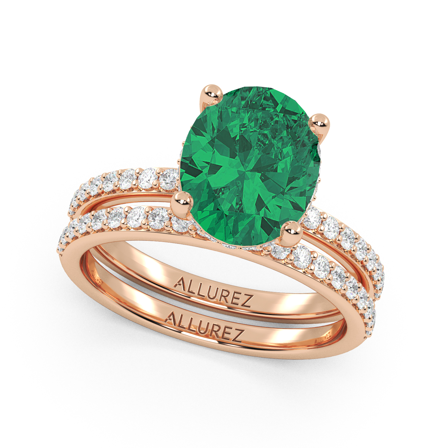 Oval Cut Emerald with Hidden Halo  Bridal Ring Set 14K Rose Gold (4.24ct)