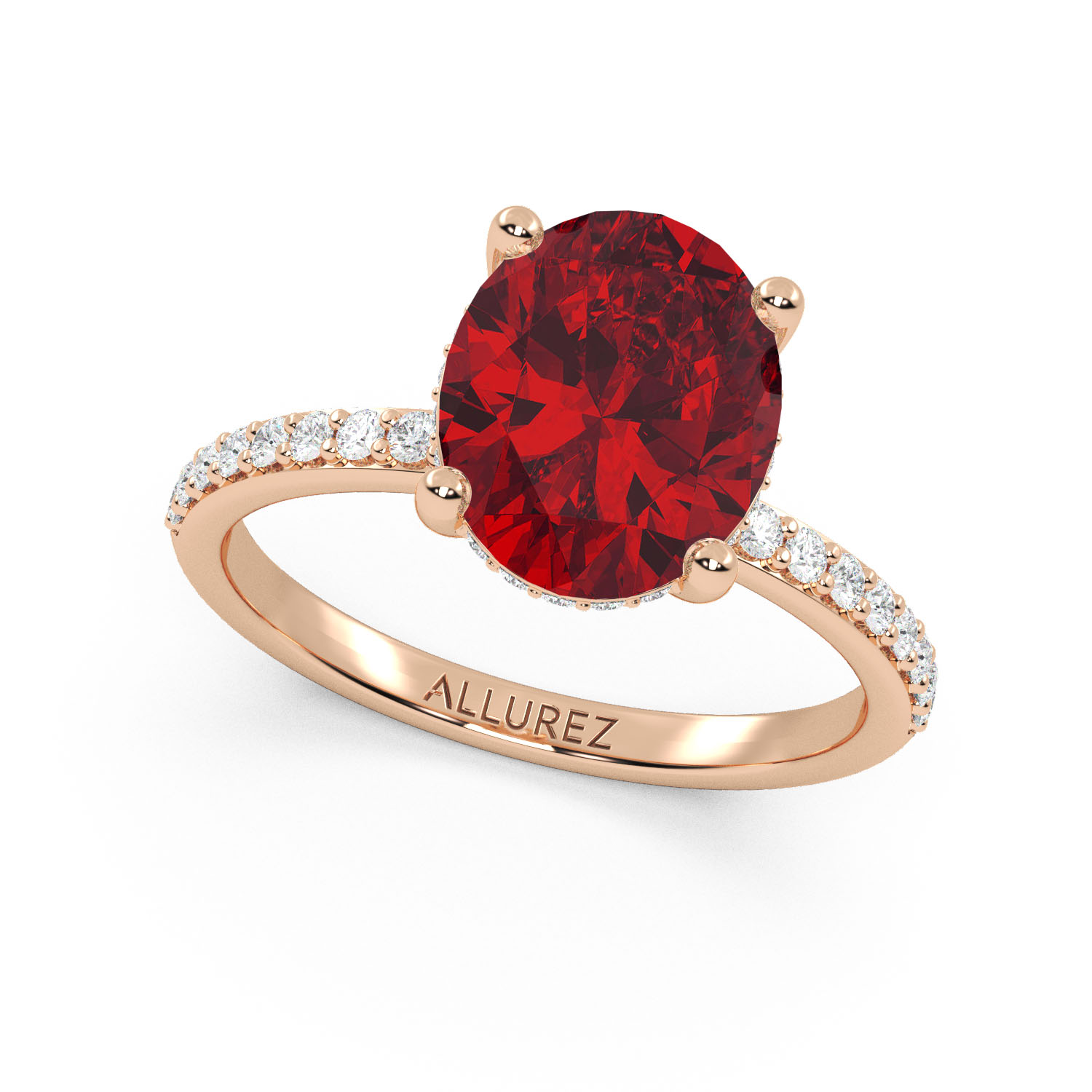 Oval Cut Ruby with Hidden Halo Engagement Ring 14K Rose Gold (4.07ct)