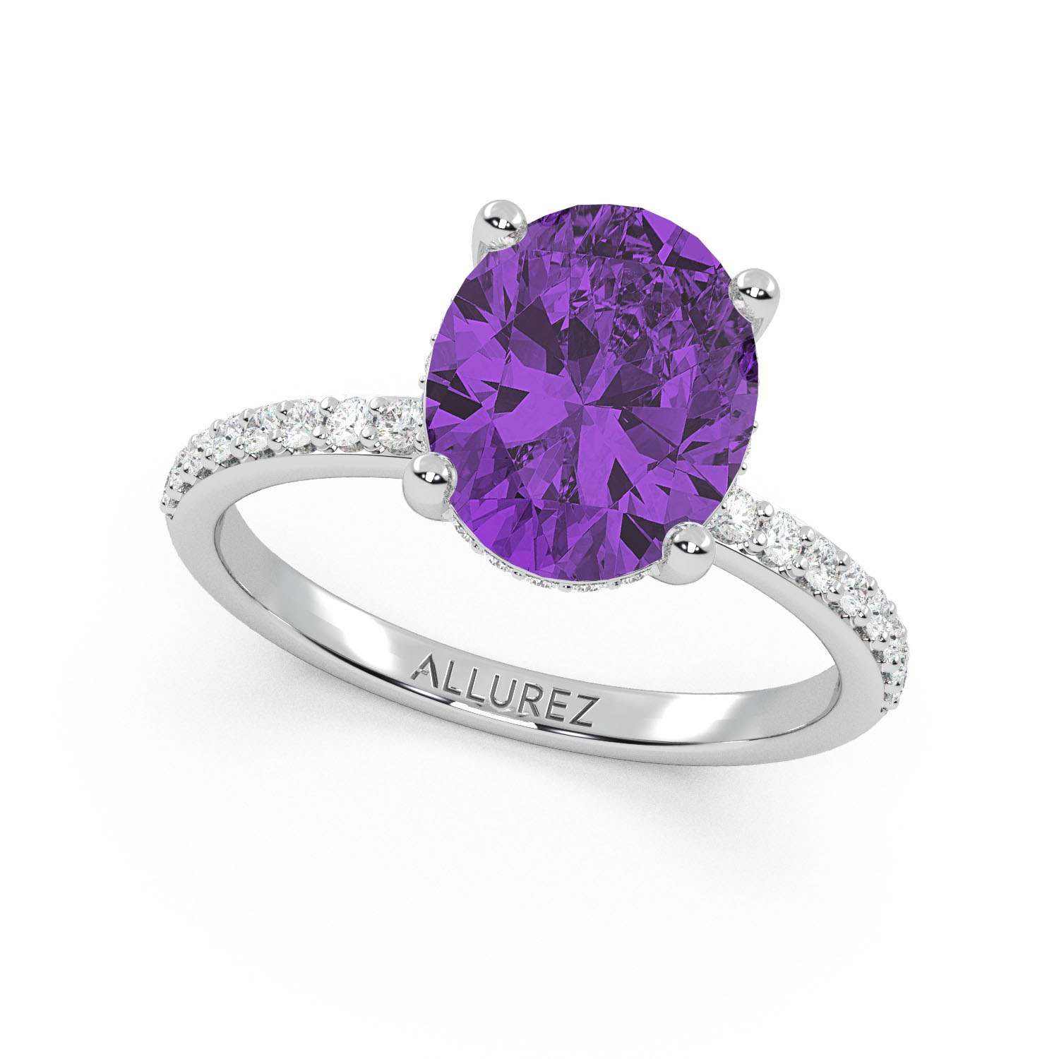 Oval Cut Amethyst Diamond Halo Engagement Ring 14K White Gold (3.47ct)