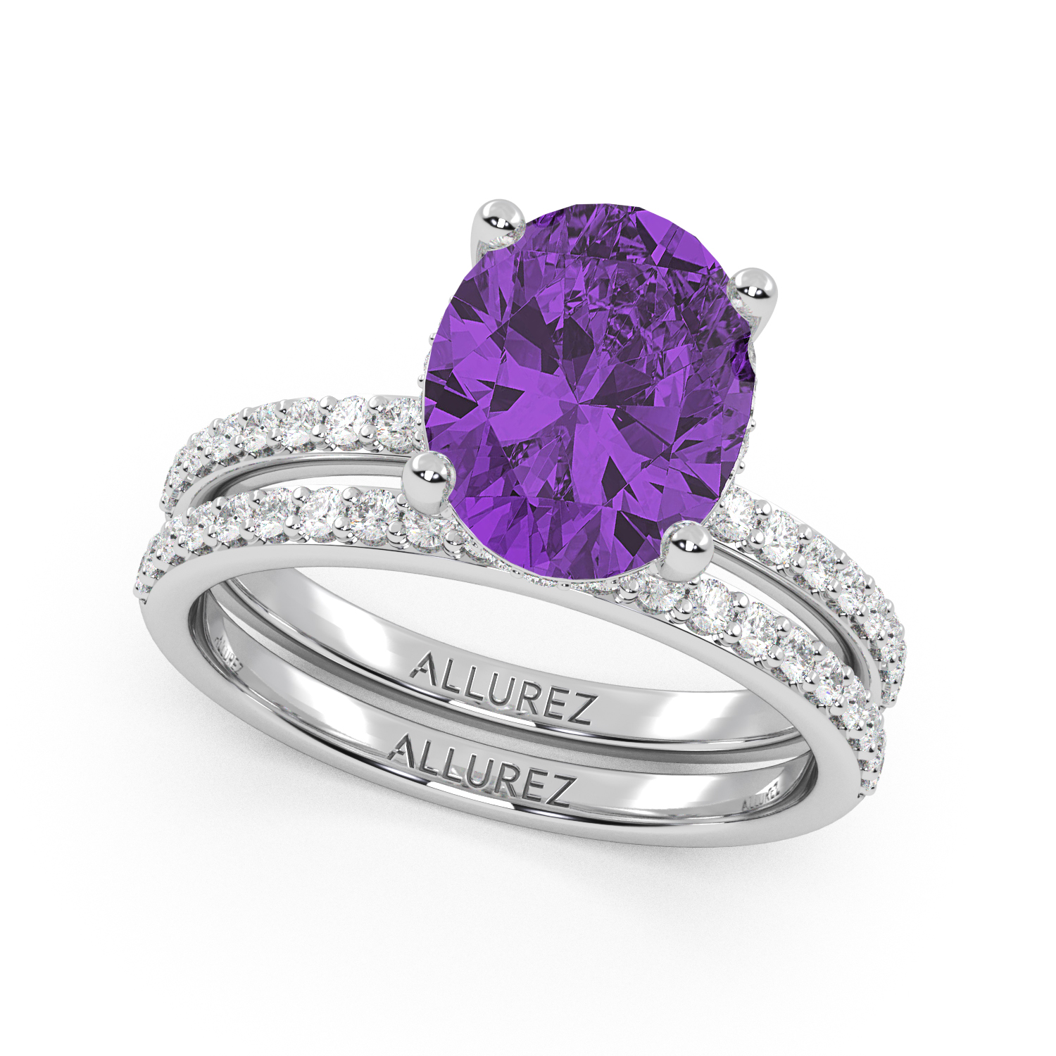 Oval Cut Amethyst with Hidden Halo  Bridal Ring Set 14K White Gold (3.69ct)
