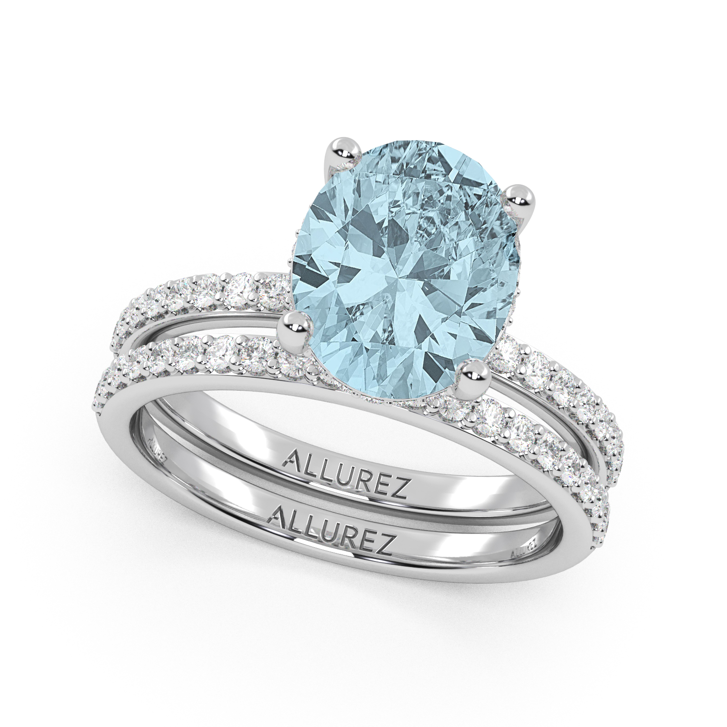 Oval Cut Aquamarine with Diamond Halo  Bridal Ring Set 14K White Gold (3.49ct)