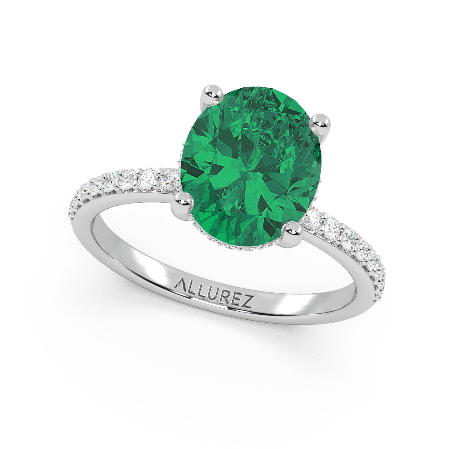 Oval Cut Emerald with Hidden Halo  Engagement Ring 14K White Gold (4.02ct)