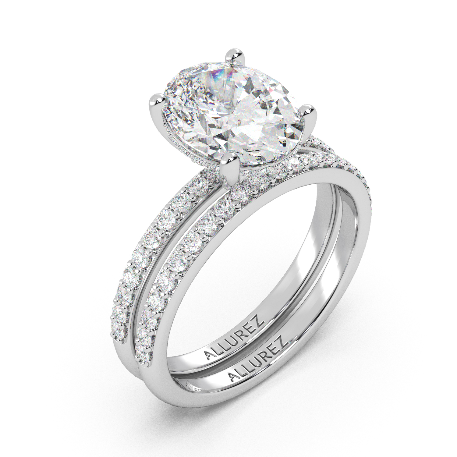 Oval Cut Lab Grown Hidden Halo Bridal Ring Set 14K White Gold (4.49ct)