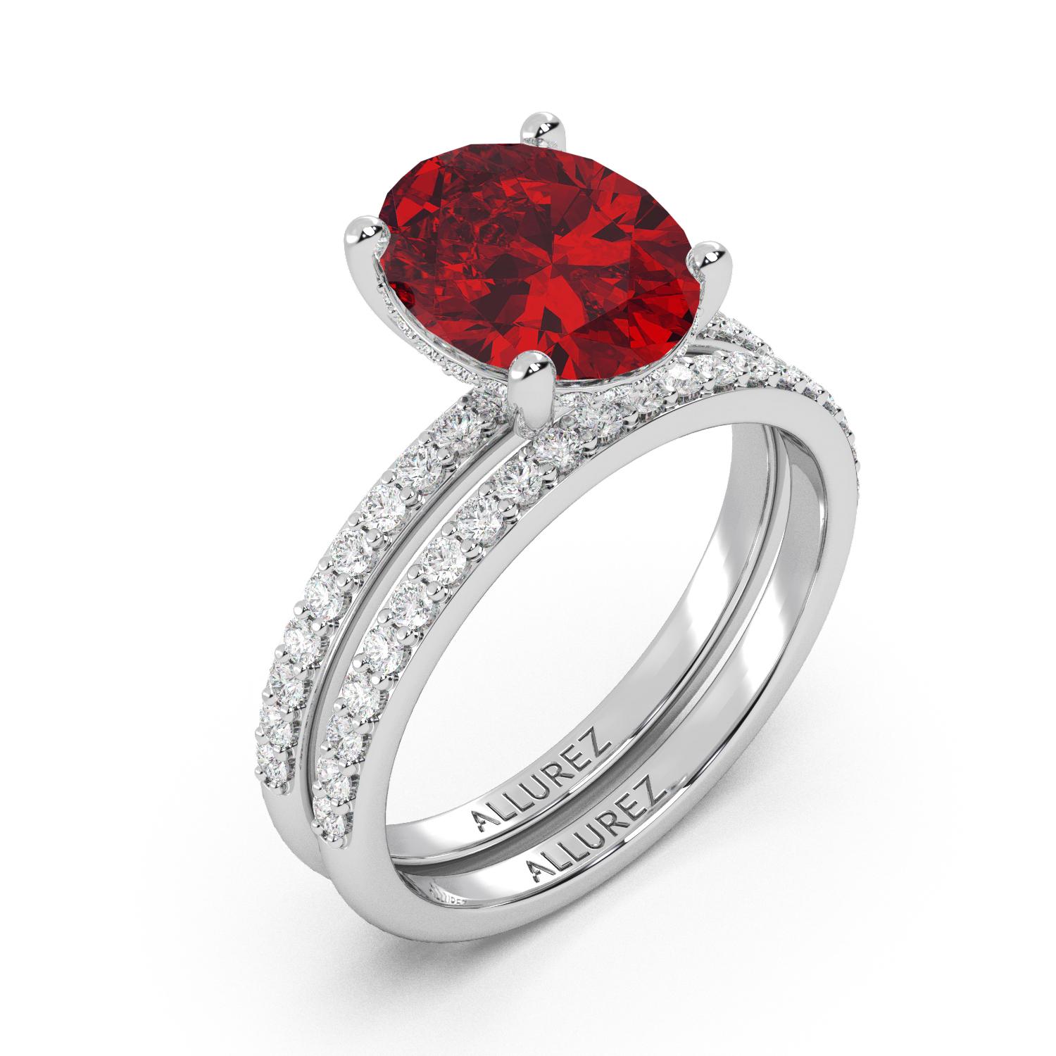 Oval Cut Lab Ruby with Hidden Lab Diamond Bridal Ring Set 14K White Gold (4.29ct)