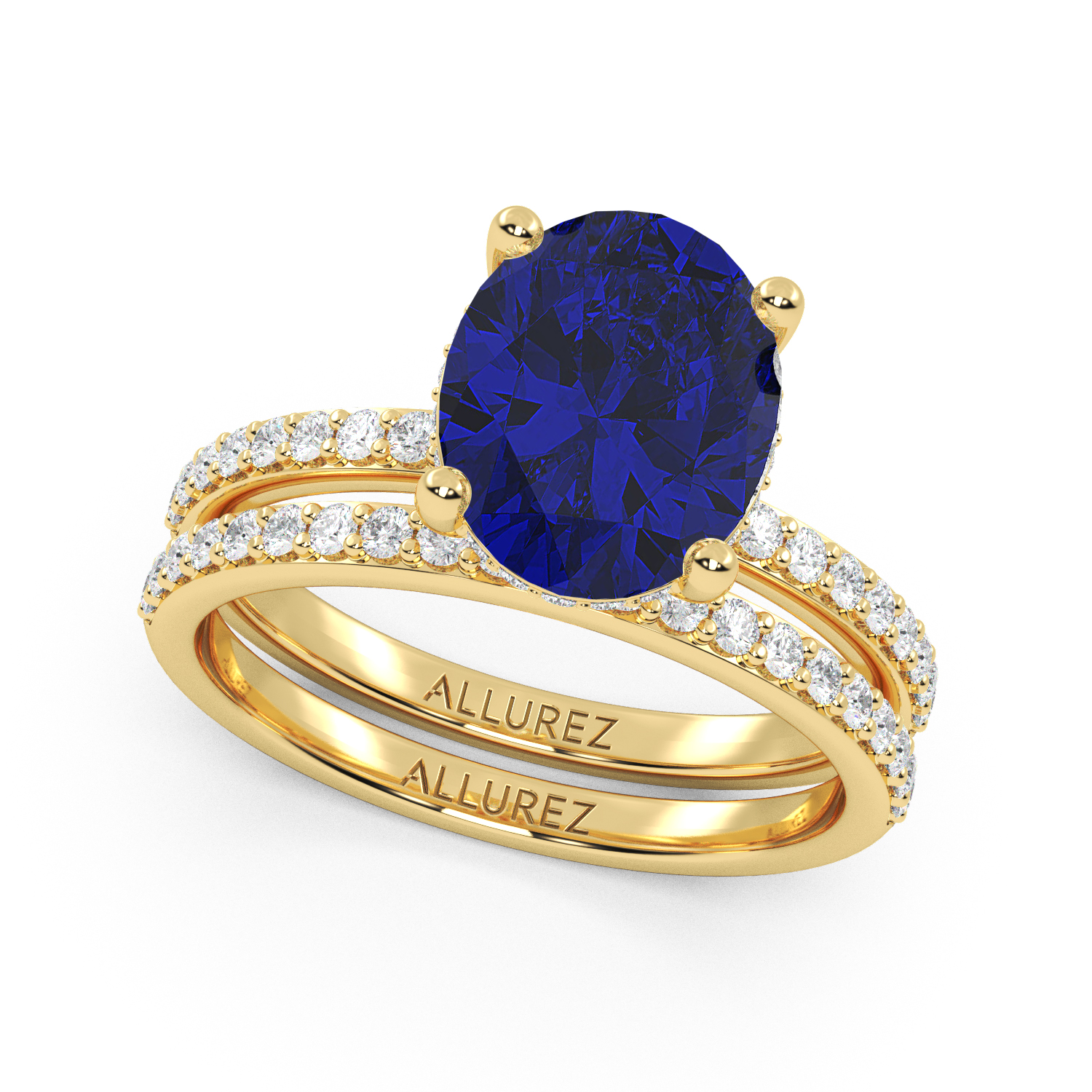 Oval Cut Blue Sapphire & Diamond Bridal Ring Set 14K Yellow Gold (4.29ct)