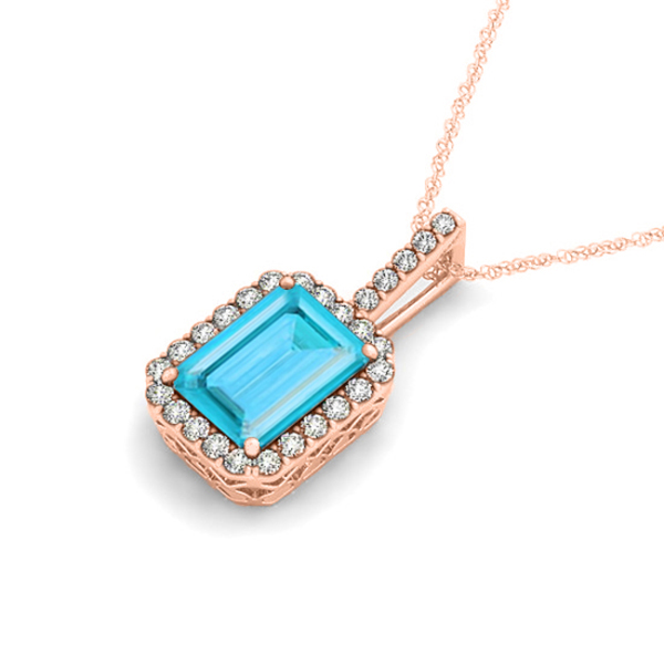 Diamond & Emerald Cut Blue Topaz Halo Pendant Necklace 14k Rose Gold (1.44ct)
