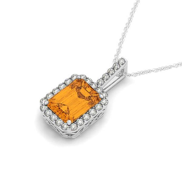 Diamond & Emerald Cut Citrine Halo Pendant Necklace 14k White Gold (4.25ct)