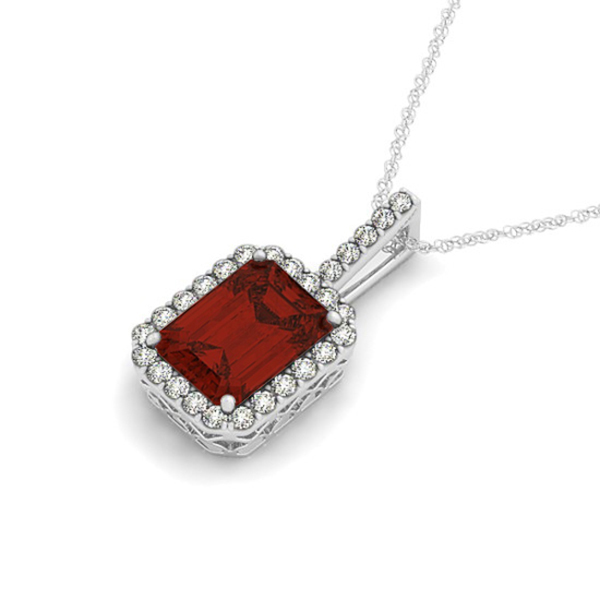 Diamond & Emerald Cut Garnet Halo Pendant Necklace 14k White Gold (1.39ct)