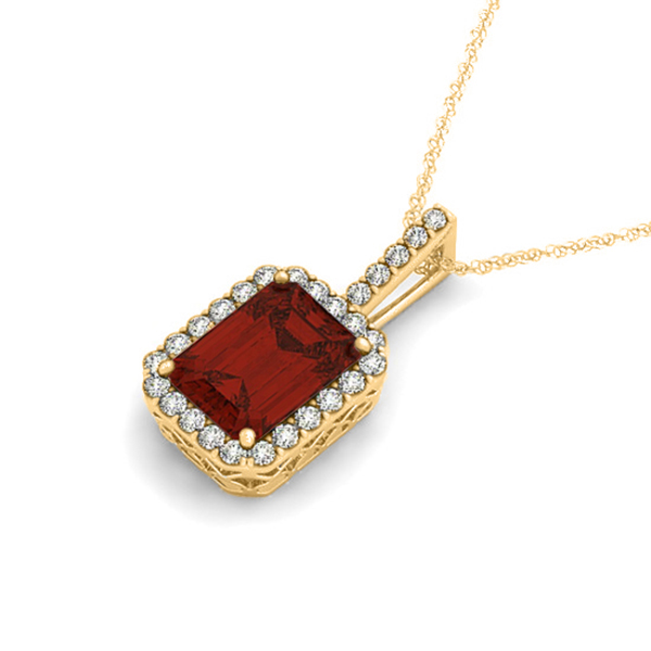 Diamond & Emerald Cut Garnet Halo Pendant Necklace 14k Yellow Gold (1.39ct)