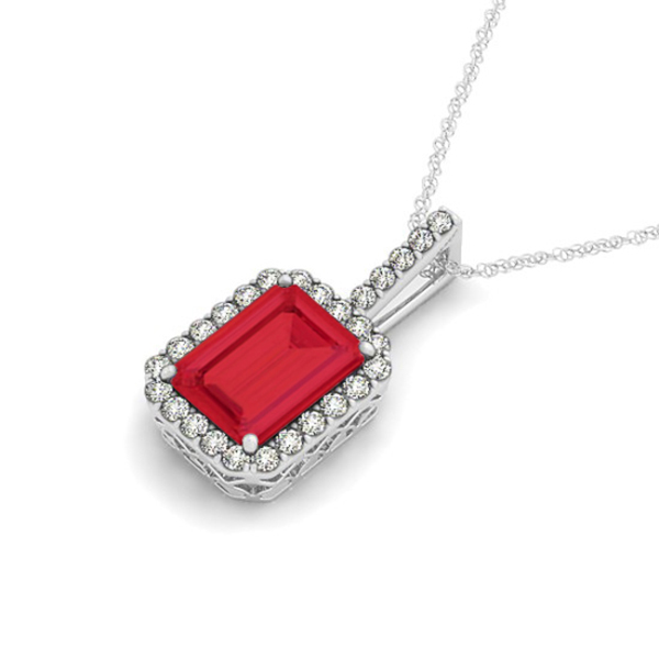 Lab Grown Diamond & Emerald Cut Ruby Halo Pendant 14k White Gold (4.25ct)