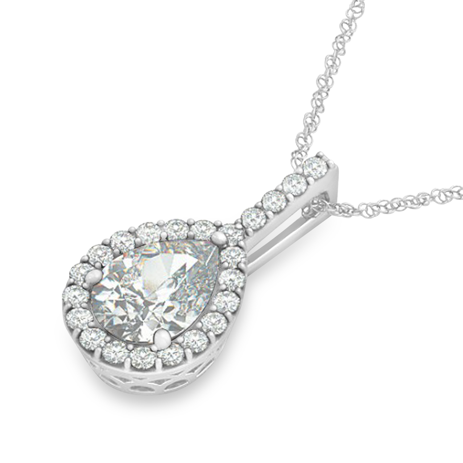 Pear Shape Diamond Halo Pendant Necklace 14k White Gold (1.25ct)