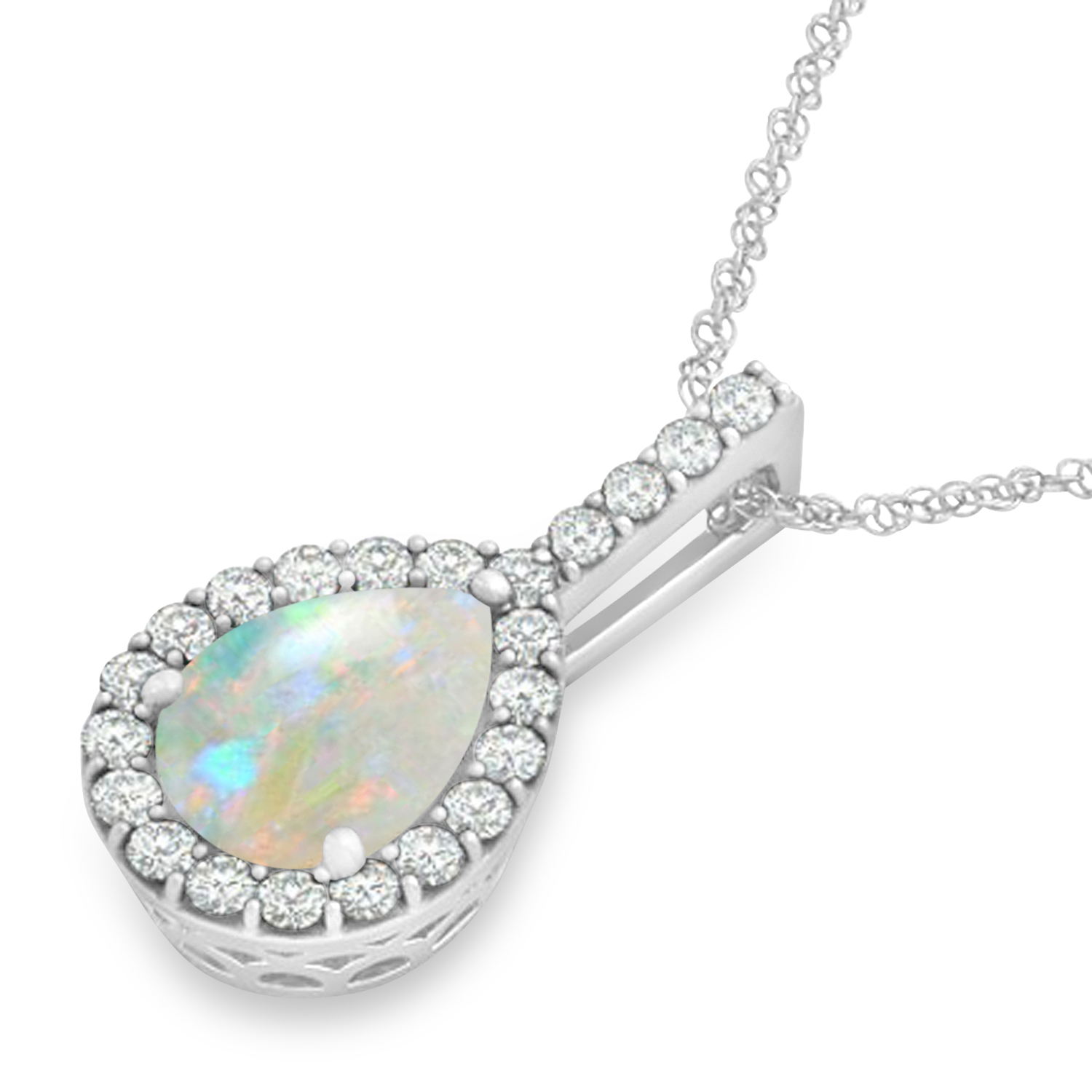 Pear Shape Diamond & Opal Halo Pendant 14k White Gold 2.20ct