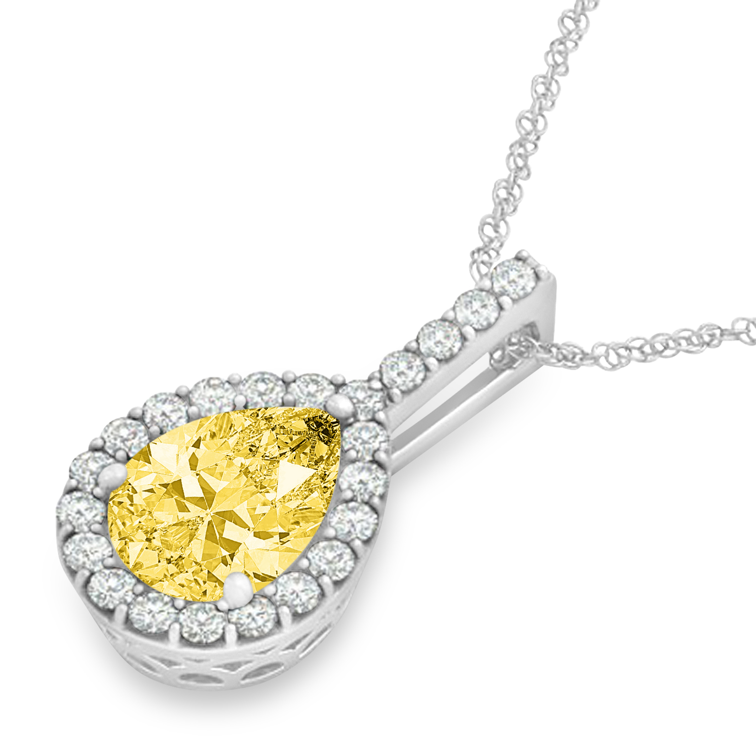Pear Shape Diamond & Yellow Sapphire Halo Pendant 14k White Gold 2.20ct