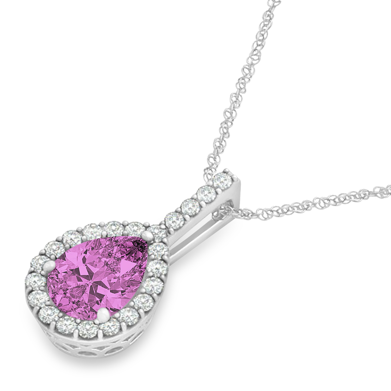 Pear Shape Diamond & Pink Sapphire Halo Pendant 14k White Gold 1.25ct