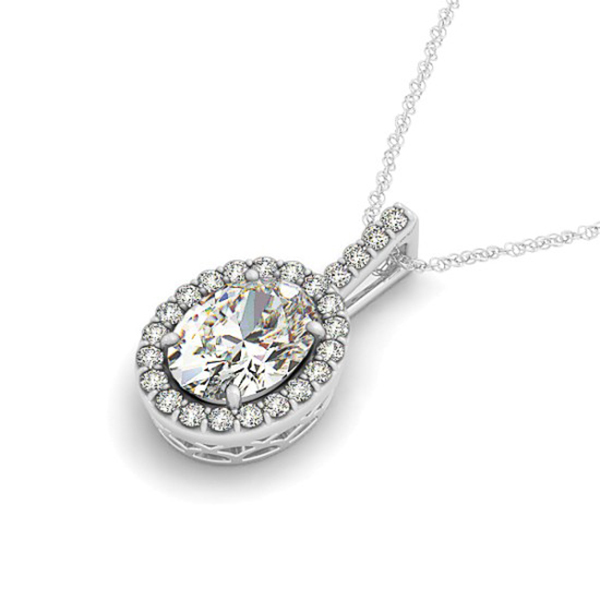 Diamond Halo Oval Pendant Necklace 14k White Gold (0.93ct