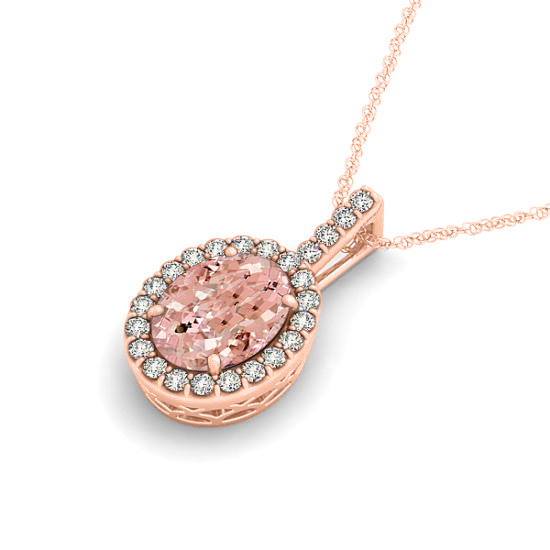 Pink Morganite & Diamond Halo Oval Pendant Necklace 14k Rose Gold (1.27ct)