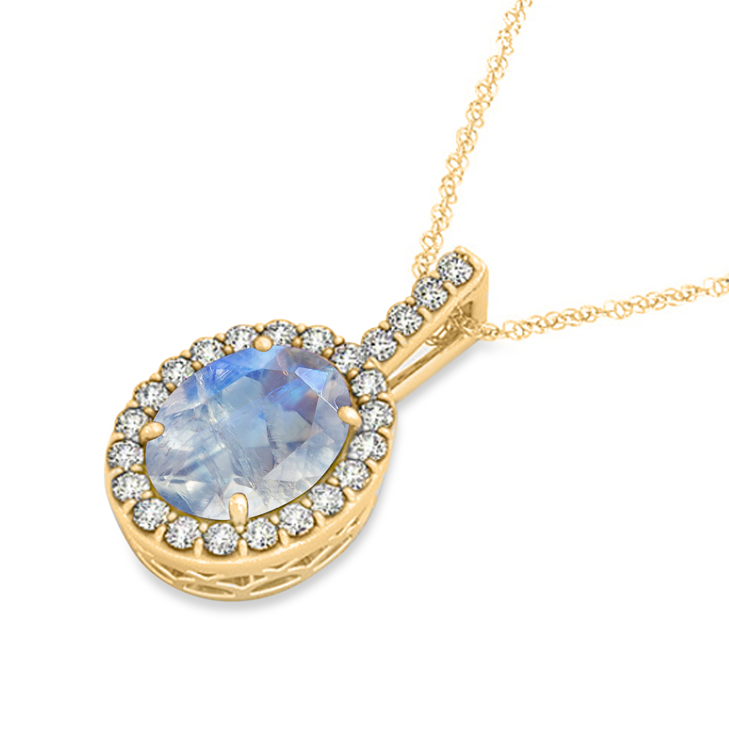 Moonstone & Diamond Halo Oval Pendant Necklace 14k Yellow Gold (0.97ct)