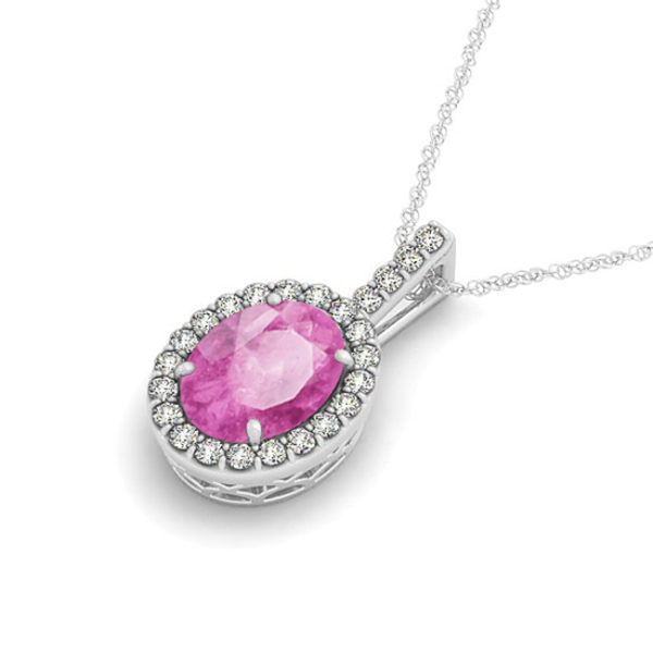 Pink Sapphire & Diamond Halo Oval Pendant Necklace 14k White Gold (1.17ct)