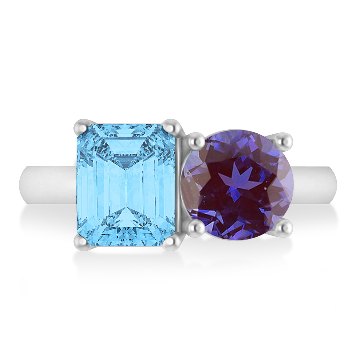 Emerald/Round Lab Alexandrite & Blue Topaz Toi et Moi Ring 18k White Gold (4.50ct)