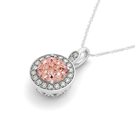 Round Pink Morganite & Diamond Halo Pendant Necklace 14k White Gold (1.85ct)