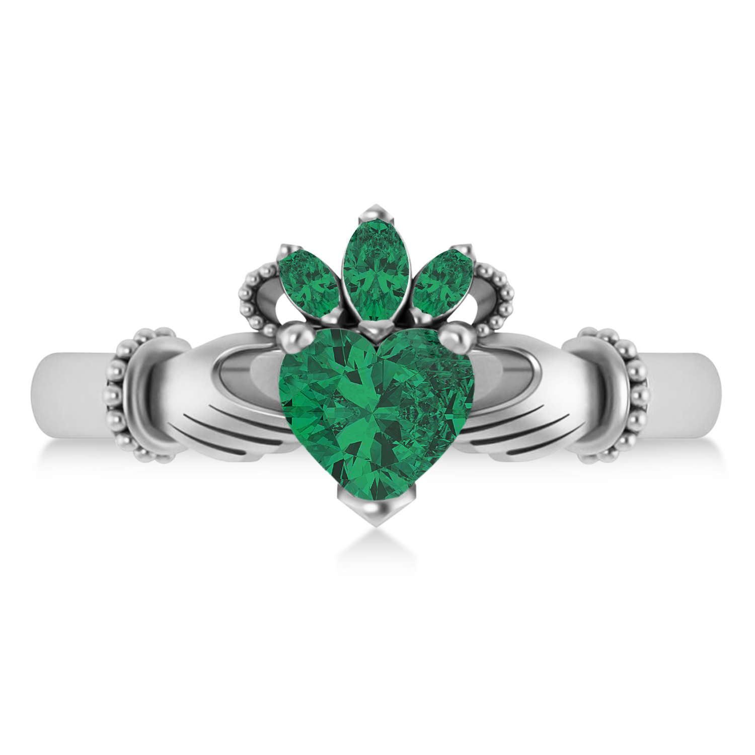 Emerald Heart & Marquise  Claddagh Ring 14K White Gold (0.81ct)