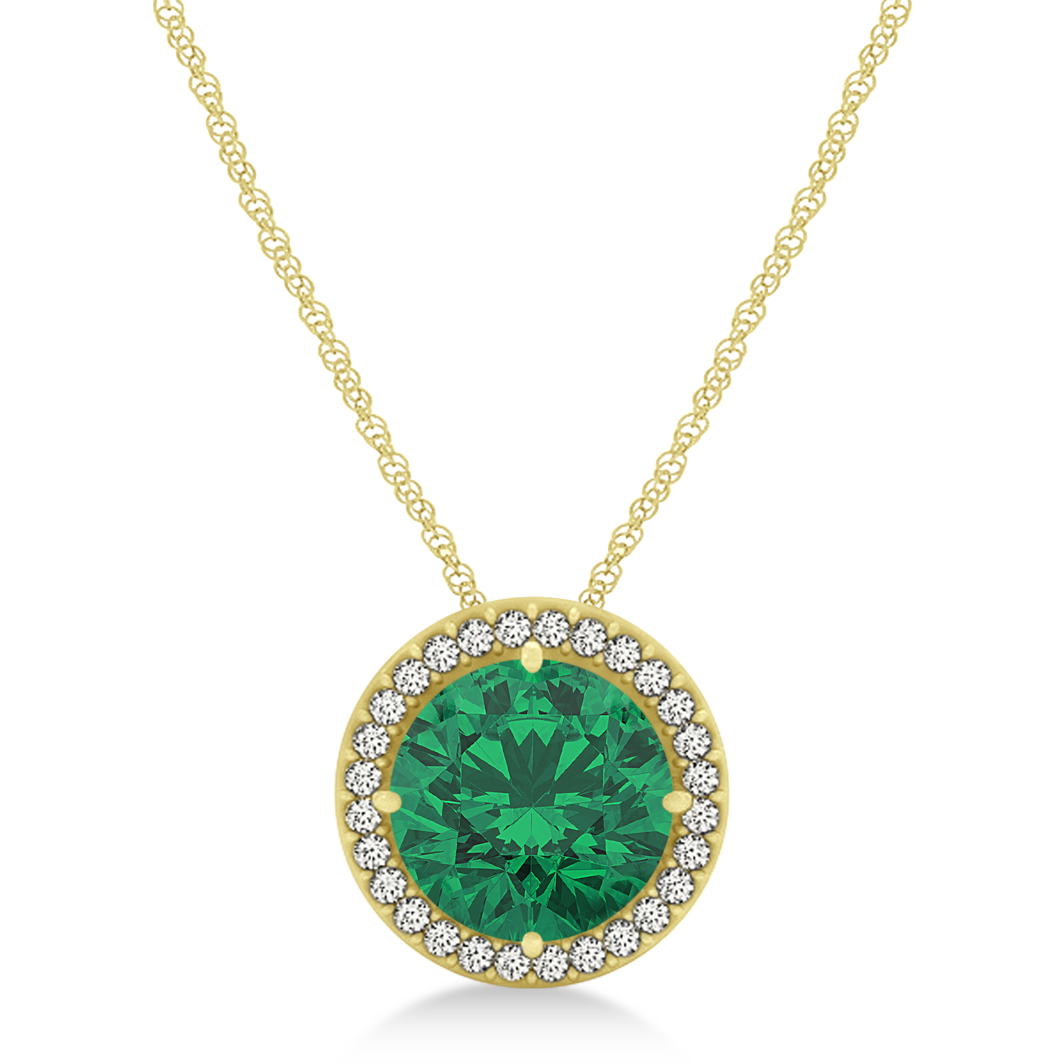 Lab Emerald Floating Solitaire Halo Pendant Necklace 14k Yellow Gold (2.04ct)
