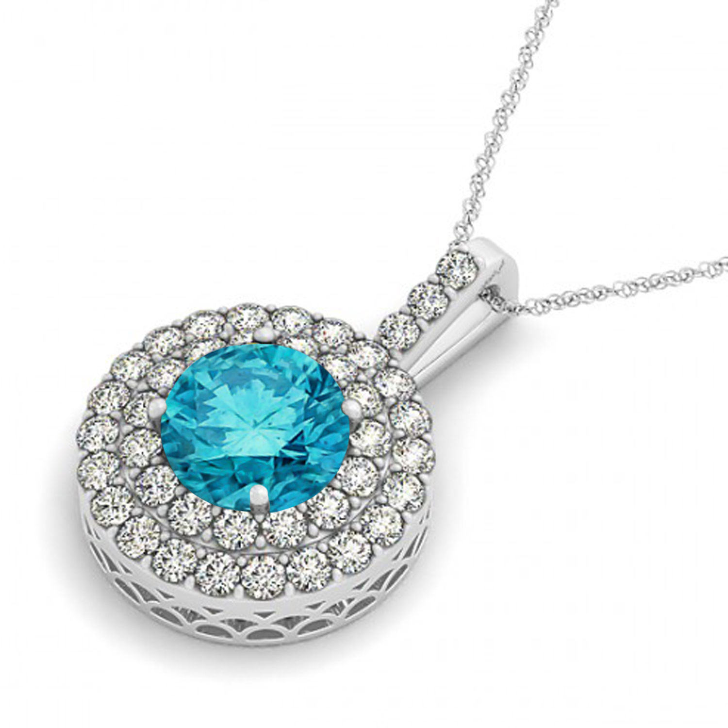 Blue Diamond & Diamond Drop Double Halo Pendant 14k White Gold (1.75ct)
