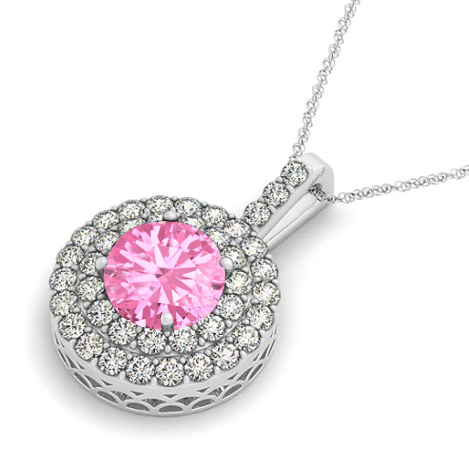 Pink Tourmaline & Diamond Drop Double Halo Pendant  14k White Gold (2.03ct)