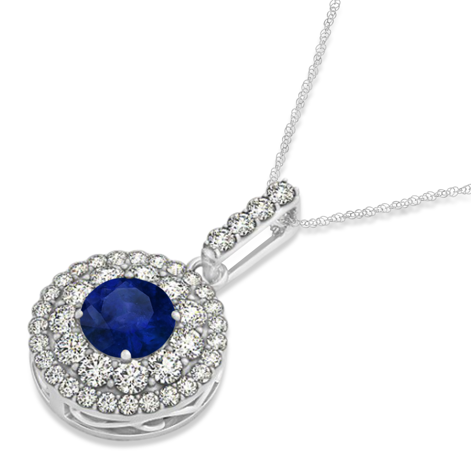 Round Double Halo Diamond & Blue Sapphire Pendant 14k White Gold 1.46ct