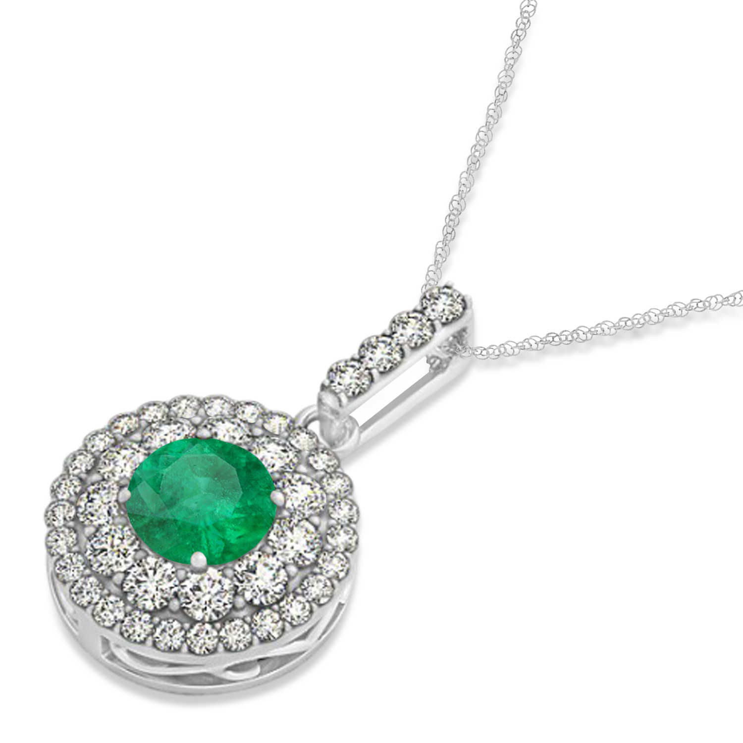 Round Double Halo Diamond & Emerald Pendant 14k White Gold 1.32ct