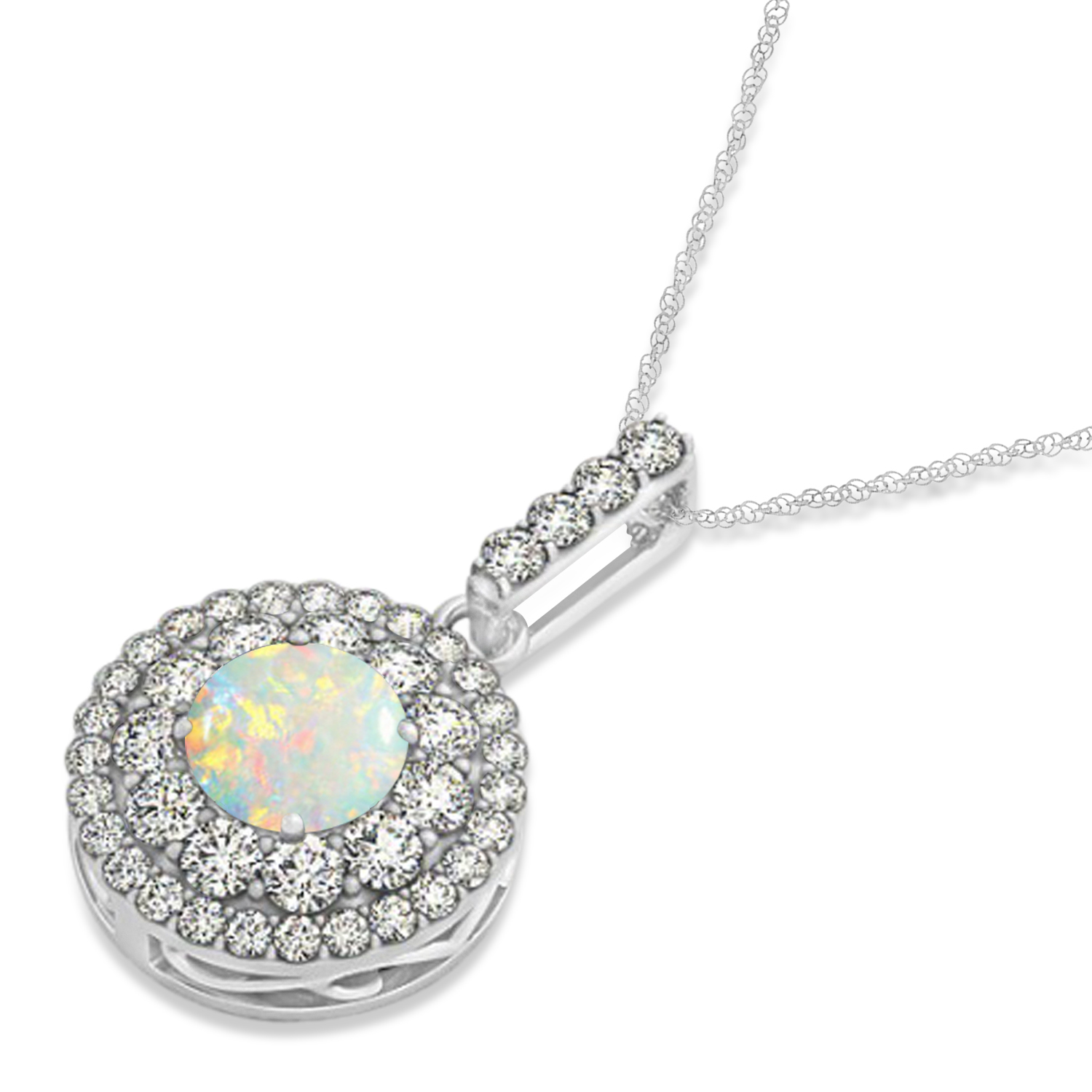 Round Double Halo Diamond & Opal Pendant 14k White Gold 1.09ct